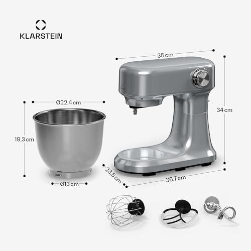 Klarstein Bella Evo robot kuchenny – 1500 W, miska ze stali nierdzewnej 5 l, 12 stopni, system mieszania planet, funkcja pulsu, hak do zagniatania i trzepaczka, mieszadło, przetwarzacz żywności