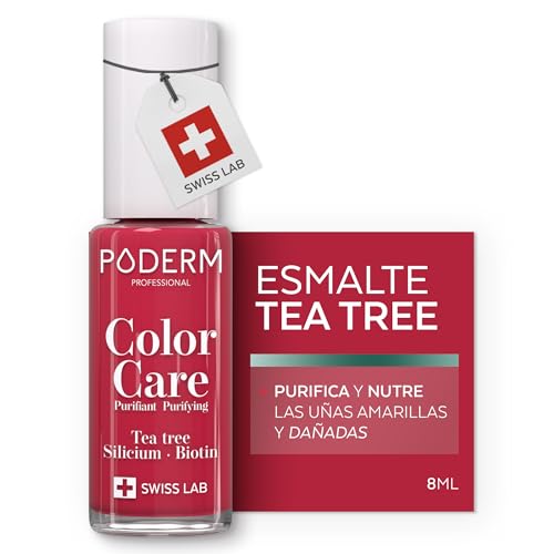 PODERM Esmalte Cuidado para Uñas con Tea Tree   Rojo Rosa | Swiss Lab   8ML | Enriquecido con Tea Tree, Silicio & Biotina | Purifica, Aclara & Nutre las Uñas Amarillas | Creado por una Podóloga