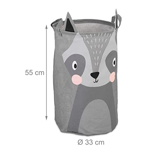 Relaxdays Aufbewahrungskorb für Kinder, Waschbär-Motiv, faltbar, H x D: 55 x 33 cm, Spielzeugkorb mit Henkeln, grau