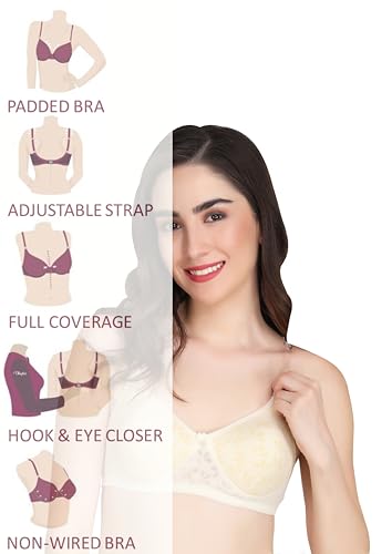 Image of Flower Print Bra for Women - Made of Pure Cotton Full Coverage Non Wired Pushup Soft Cup for T-Shirt Saree Dress Sports Garment for Daily Use Everyday