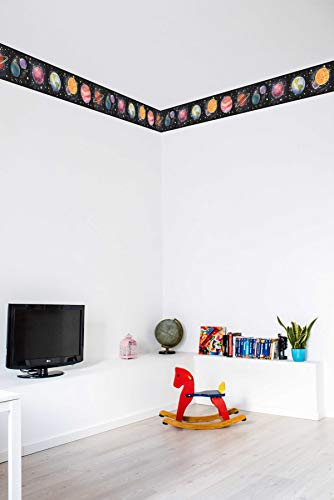 Concord Wallcoverings Wallpaper Border Kids Pattern The Solar System Planets Stars For Kid's Bedroom Playroom, Black Blue Red Yellow Green Purple, 4.5 Inches By 15 Feet Gu92122B #TOP2