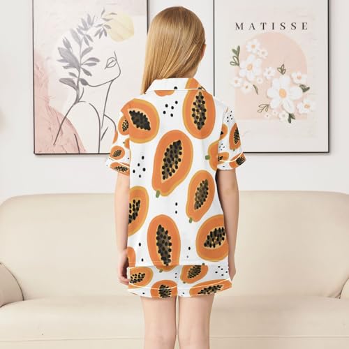 Satin Pajama Sets Short Sleeve Papaya Pattern Prints with Seeds Button Down Silky Nightwear 2 Piece PJS 5-14Y4