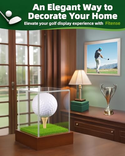 Image of Fitense Golf Ball Display Case - Clear Acrylic Cube with Solid Wood Base & Tee, Anti-Dust Transparent Holder for Single Golf Ball, Ideal for Collectibles, Souvenirs & Gifts, Display Special Golf Balls