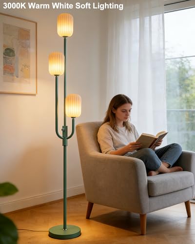Image of Lightdot 66IN Dimmable Floor Lamp 3-Lights Vintage Green Floor Lamps with Cylindrical Shade& Bulbs Included for Wedding /Party Modern Tall Standing Lamp with 5Lbs Heavy Base for Living Room /Bedroom