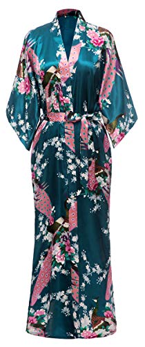 Kimono Robe Long Satin Peacock & Floral Print Bathrobe Sleepwear Bridesmaid Gift Turquoise