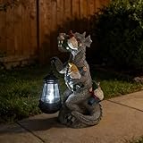 SAMPU CRAFT Dragon Garden Statue with Gnomes and Solar LED Lantern, Resin, 12.3 Inch, Outdoor Decor (Dinosaur)