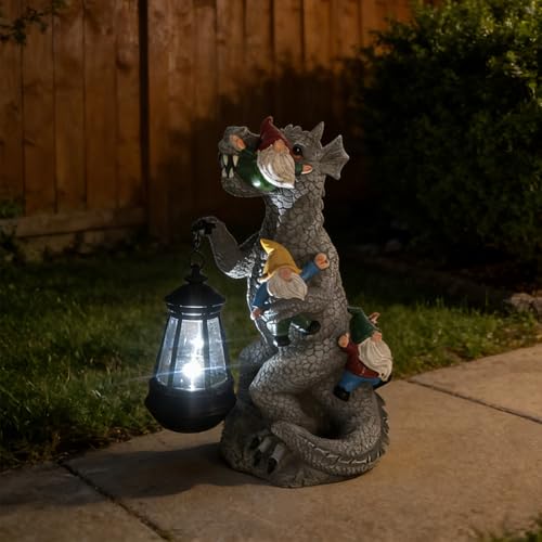 SAMPU CRAFT Dragon Garden Statue with Gnomes and Solar LED Lantern, Resin, 12.3 Inch, Outdoor Decor (Dinosaur)