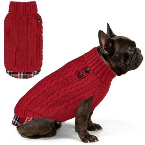 Image of KYEESE Dog Sweater for Small Dogs Turtleneck Thick Knit Pullover | Stretchy Fit, Lightweight & Warm, Cozy Knit Comfort, Classic Plaid Design, Gentle on Sensitive Skin, Winter Daily Wear