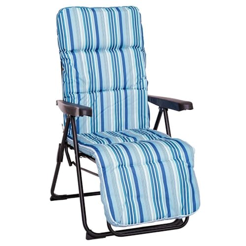LOLAhome Sillón de Jardín Acolchado, Reclinable con Reposapiés Azul. Estructura de Tubo de Acero anticorrosión y Lona a Rayas. Colchón de 5 cm de Grosor, Plegable. 61x58x106 cm.