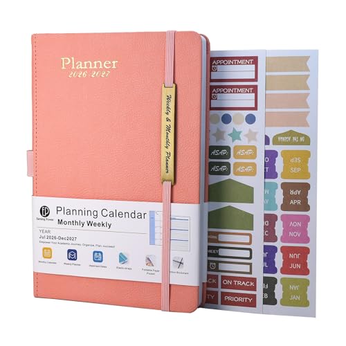Agenda 2026-2027 de cuero A5 con planificador mensual y semanal de 18 meses diseño elegante rosa