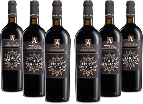 Feudo Apuliano Primitivo di Manduria DOP, Rotwein mit Vollmundigem Geschmack, Warm mit Umhüllendem Abgang, mit Noten Reifer Früchte, 15% Vol., Karton mit 6 Flaschen mit jeweils 750 ml