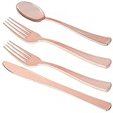 AngosBasics Plastic Rose Gold Silverware Set | 150 Count Heavy Duty Plastic Utensils | Disposable Cutlery for Weddings, Receptions, Dinners Parties or any Catering Event | 50 Forks-50 Knives-50 Spoons