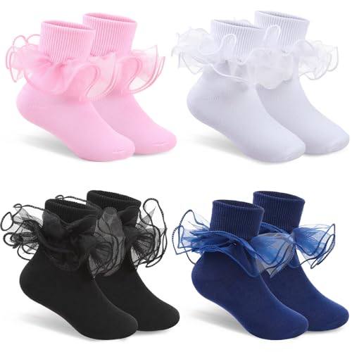 kodinsiivous 4 Paar Rüschen Socken Knöchelstrümpfe mit Spitzenbesatz Baumwolle Socken mit Doppelte Spitze Lolita für Mädchen Leuchtende Farben Bequem und Atmungsaktiv EU 27-30