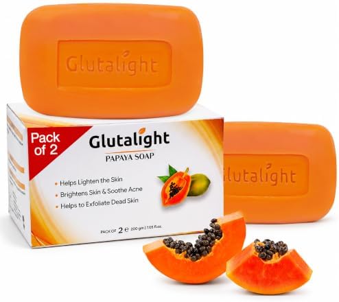 Glutalight Papaya Soap | Glutathione & Natural Papaya Enzymes | Gentle Exfoliating Bathing Bar for Tan Removal & Blemish Control | 75g each (Pack of 2)| For Men & Women
