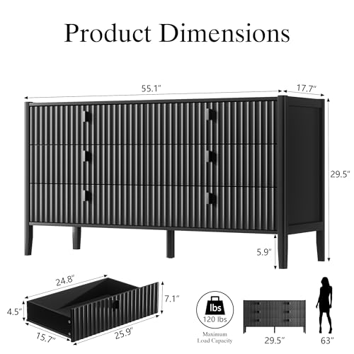 Image of Furniway Black 6 Drawer Dresser, Modern Wide Dresser for Bedroom, Fluted Wood Chest of Drawers with Metal Handles for Clothes, Storage Cabinet for Living Room, Entryway, Office