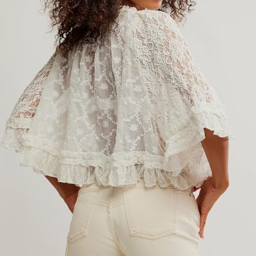 Women Boho Flowy Lace Blouse Long Sleeve Crew Neck See Through Ruffle Sheer Tops