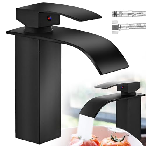 WIYETY Robinet de lavabo cascade : robinet de lavabo cascade avec 2 pièces tuyau de raccordement de 60 cm, mitigeur monocommande noir, robinet d'eau chaude et froide