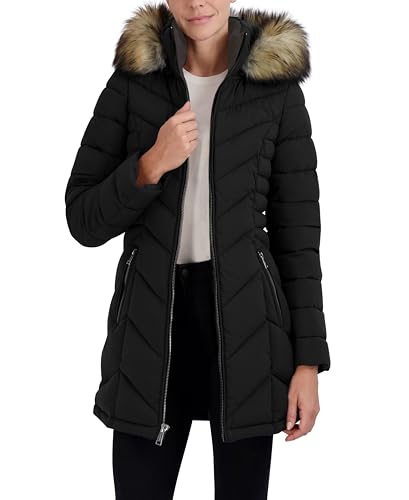 Laundry by Shelli Segal Women's Stretch Quilted Puffer Coat – Heavyweight Winter Jacket Faux Fur Hood, Black, Small