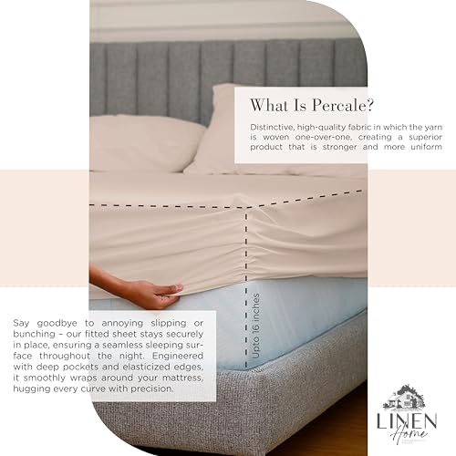 Image of Linen Home 100% Cotton Percale Sheets Full Size, Sand Shell, Deep Pocket, 4 Pieces Set - 1 Flat, 1 Deep Pocket Fitted Sheet and 2 Pillowcases, Crisp Cool and Strong Bed Linen