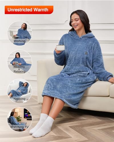 Image of Oversized Heated Wearable Blanket, Battery Powered Fleece Hoodie Robe 7.4V 16000mAh 167F Overheat Protection