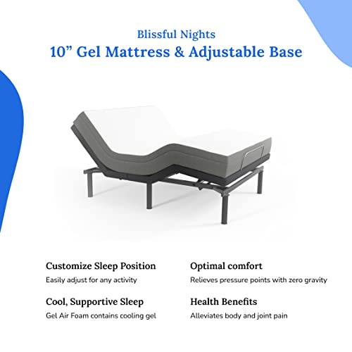 Image of Blissful Nights e3 Split King Adjustable Bed Base Frame with 10 inch Medium Firm Gel Infused Memory Foam Mattress