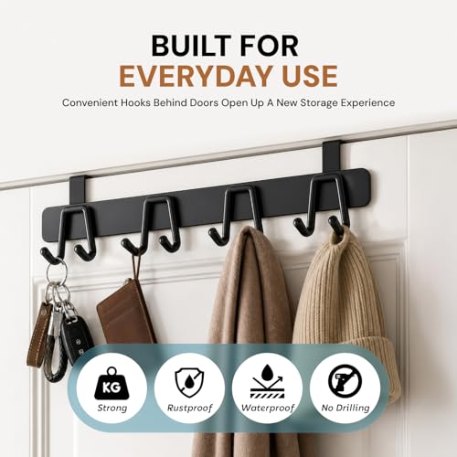 Image of amazon basics Door Hanging Hook Rail Strong, Carbon Steel Door Hook for Bathroom, Kitchen & Door, No Drill Hanging Hooks, Waterproof Rust Resistant, Black
