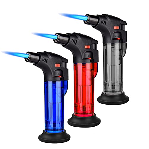 3 Pack of Torch Lighter, Jet Flame Lighter Refillable Butane Gas with with Base, Windproof with Flame Fixed Lock and Adjustable Flame Lighter for Kitchen,Outdoor,Gifts(Without Butane Gas)