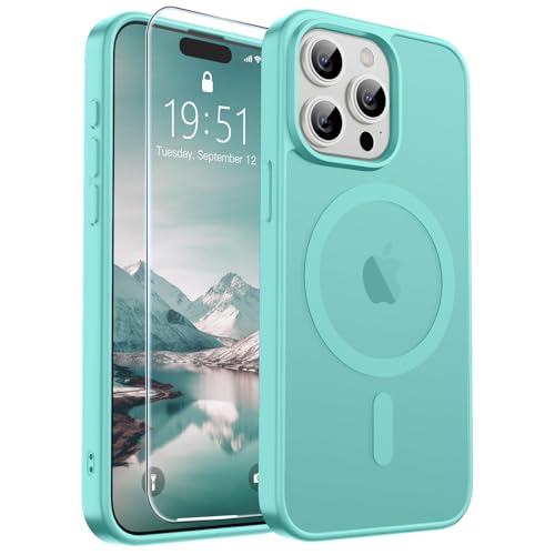 Image of SUPFINE Magnetic for iPhone 15 Pro Max Case (Compatible with MagSafe) (Military Grade Drop Protection) Slim Translucent Matte Shockproof with Anti-Fingerprint Phone Case,Blue Green