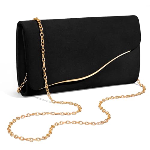 XquiziFit Clutch Purses for Women Formal Evening Clutch with Detachable Chain Faux Suede Purse for Wedding Party Black