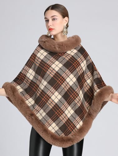 Women Poncho Cloak Plaid Pullover Cape Thick Faux Fur Shawl Wrap Knitted Batwing Sleeve Winter Woolen Sweater3