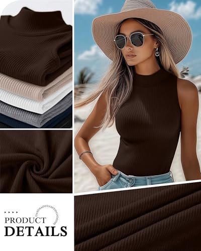 3 Pack Women's Sleeveless Mock Turtlenecks Shirts, Ribbed Stretch Slim Fitted Tank Top Basic Lightweight Bustier Tee3