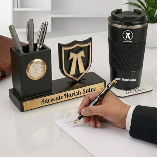 Image of Giftana 2 in 1 Personalized Desk Table Organizer with Pen Gift Set for Doctors, Customized Pen Stand Table Clock & Calendar 4 in 1 Advocate Symbol