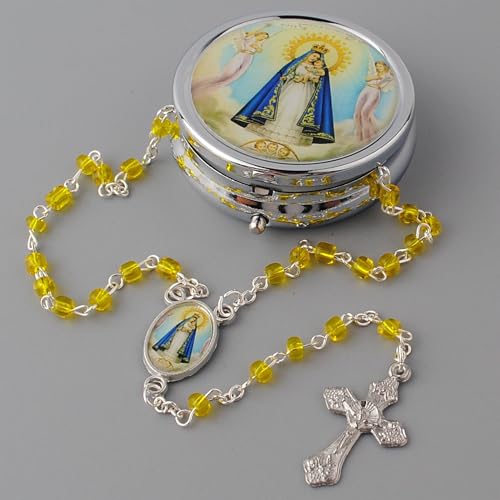 Catholic Town Rosary Necklace with Our Lady of Charity "Virgen de la Caridad del Cobre" center piece, Cross Crucifix and metallic box (Available in Red, White and Yellow colors)3