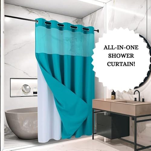 WPM No Hooks Required Shower Curtain with Snap-in Liner Waffle Weave Design, Hotel Grade Style Waterproof & Washable, Mesh top Window Easy Snaphook Bathroom Teal Curtains (54"x80" W/Liner, Teal) by WPM WORLD PRODUCTS MART - Used condition - Image 2