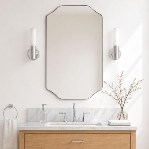 Image of TEHOME Polished Nickel Scalloped Bathroom Mirror, 24x36'' Polished Nickel Asymmetrical Bathroom Vanity Mirror for Wall