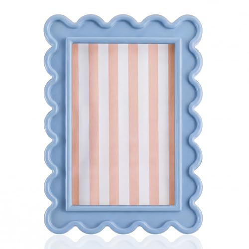 AceOrbit 4x6 Inches Haze Blue Flower Wavy Picture Frame Cute Wavy Edge Wooden Real Glass Photo Frame for Desktop Display Home Decor Family Friends Wedding Graduation Gifts