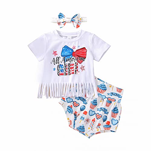 Image of FIOMVA Newborn Baby Girl Clothes Letter Print Tassel T-shirt Top Shorts Headband 3Pcs Summer Outfit Set for Infant 0-24M