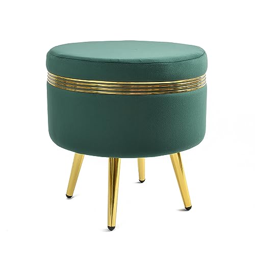 Image of NACIA Ottoman Pouffe Stool for Living Room Sitting, Green (16x16x17 inch) - Round Footstool /Foot Rest with 4 Wooden & Golden Metal Legs for Dressing Table, Home Decor, Balcony, Bedroom