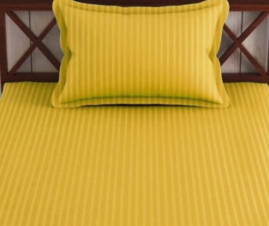 Image of Trance Home Linen 100% Cotton 75X36 Inch Single Fitted 200TC Satin Stripe Elastic Fitted Bedsheet|Single Bed Size Daily Use Fitted Bedspread With 1 Pillow Covers(75 inchX36 inch|6.25X3 Feet,Golden Yellow)