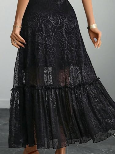 GothDark Womens Elegant Vintage Floral Lace Dress Short Sleeve Double Layer Gothic Midi Wedding Guest Cocktail Dresses4