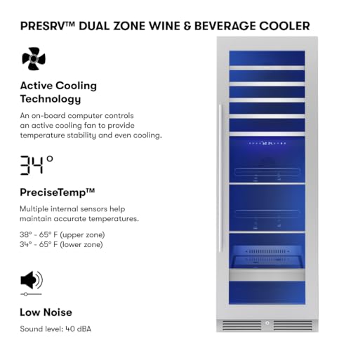 Image of Zephyr 24 Inch Wine Fridge & Beverage Refrigerator Dual Zone Full Size - Tall Wine Cooler Cellars Large Bar Drink Cabinet Freestanding with Glass Door - 161x12oz cans & 54x750 ml bottles