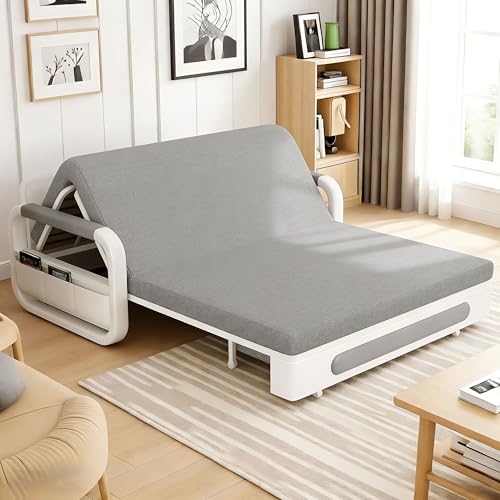 Cyclauricate Pull Out Sofa Bed Double with Storage - 2 Seater Grey Futon Couch for Small Spaces, Living Room Guest Bed (158cm Wide)