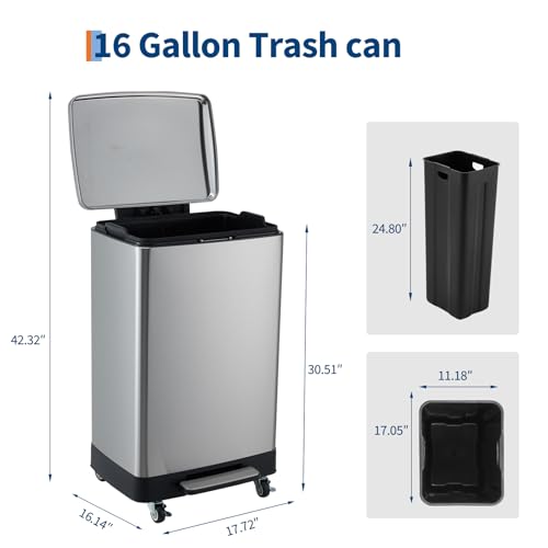 Caneca de Basura de Acero Inoxidable 60L con Pedal y Ruedas miniatura 2