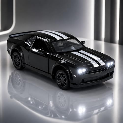 Image of GRAPHENE 1:32 Scale Metal Diecast Toy Car Black Challenger Muscle Sports Alloy Pull Back Car Toy with Music Openable Doors Light & Sound Miniature Action Racing Vehicle Gift for Kids Boys Girls Age+3