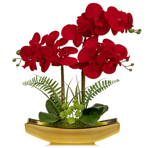 Briful Arreglo de flores artificiales de Phalaenopsis de 43 cm, bonsái de orquídea artificial en maceta dorada brillante, flores falsas de orquídea de seda de terciopelo para centros de mesa, sala de