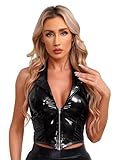 Hedmy Women Front Zipper Shiny Patent Leather Crop Tank Top Short Vest Streetwear Latex Top Corset Black Medium