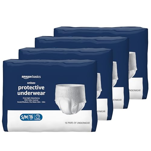 Amazon Basics Unisex Protective Underwear, Overnight Absorbency, Small/Medium, 64 Count, (4 Packs of 16)