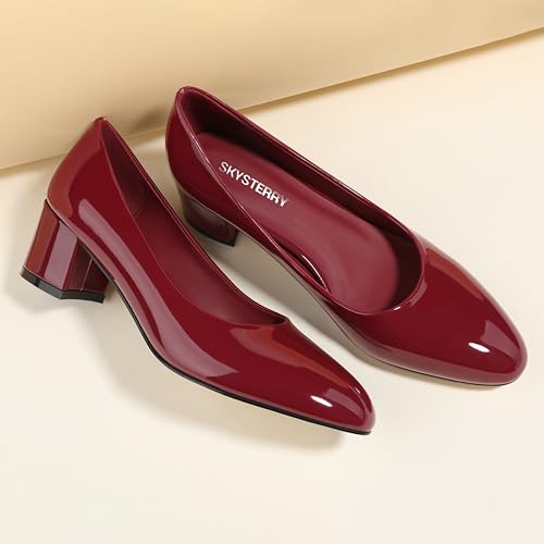 Image of SKYSTERRY Women's Low Heel Dress Pumps Shoes 2 Inch | Low Chunky Block Heel Pumps, Closed Round Toe Heels, Patent Leather Office Work Wedding Pumps Shoes