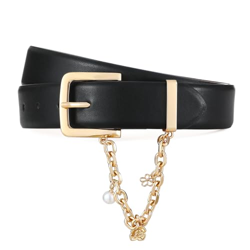 Black Belt for Women Gold Buckle with Chain Decoration Belts Perfect for Jeans and Casual Wear