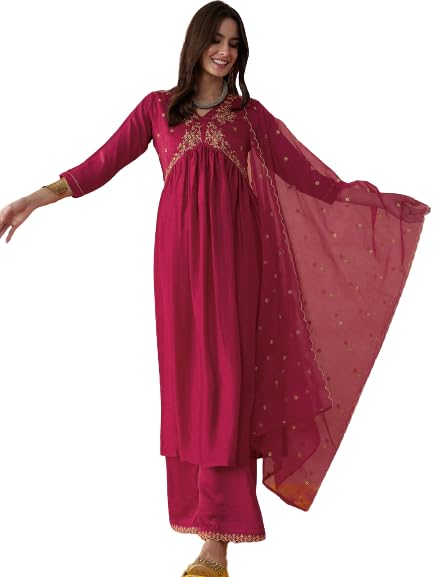 Image of SheWill Women's Vichitra Zari Sequence Embroidery Alia Cut Kurta with Palazzo Dupatta Set